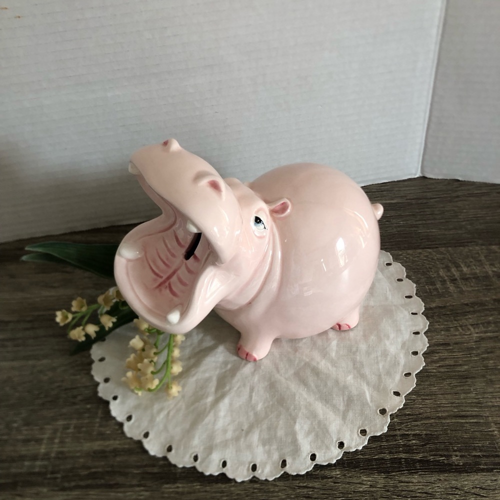 Vtg 1980 Fitz and Floyd Ceramic Hippo Coin Bank